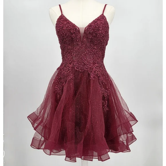 Pageant May Queen Beaded Tulle Party Dress Womenβs 4 Burgundy Fit & Flare Formal - Picture 5 of 12